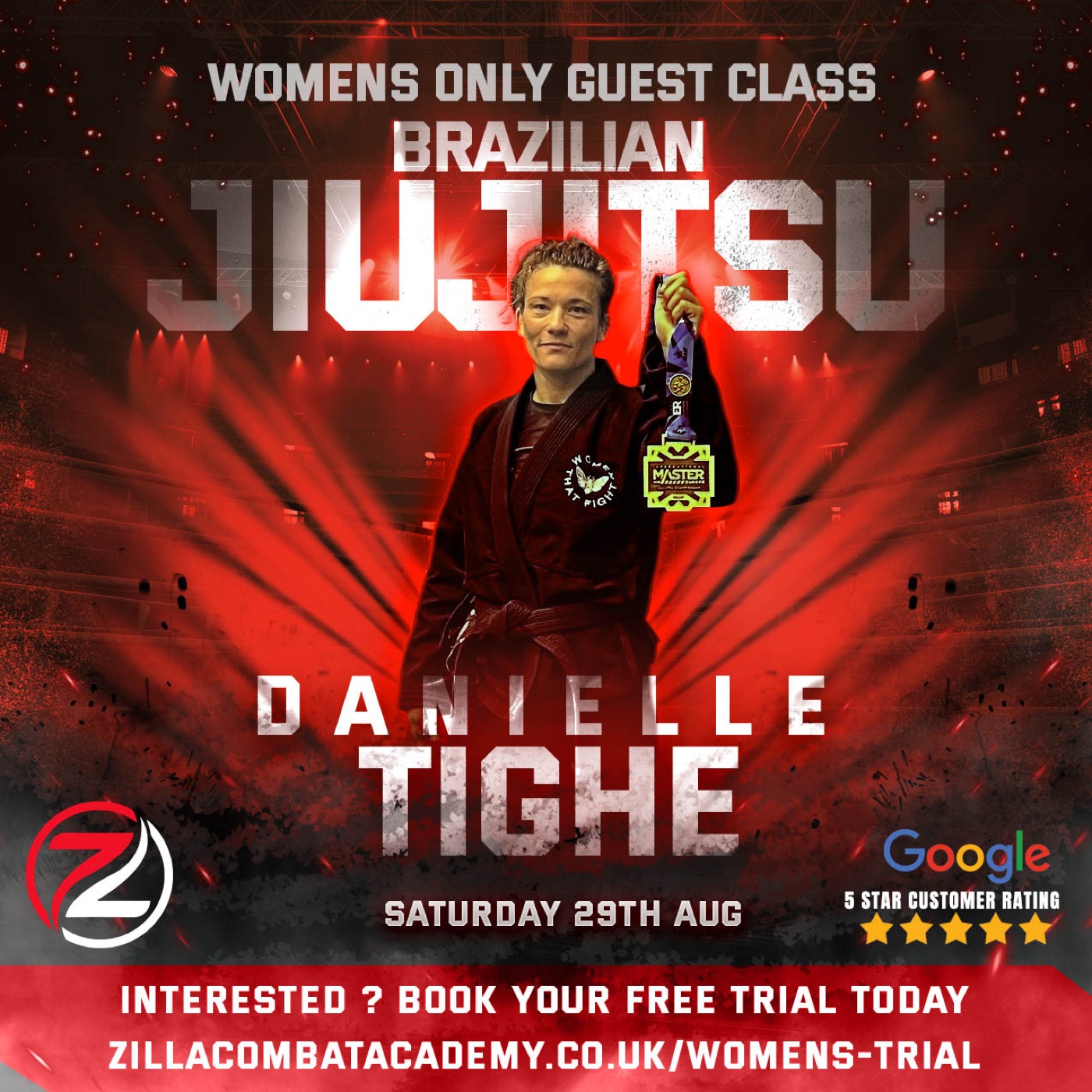 Promotional poster for the Danielle Tighe women's only masterclass at Zilla Combat Academy